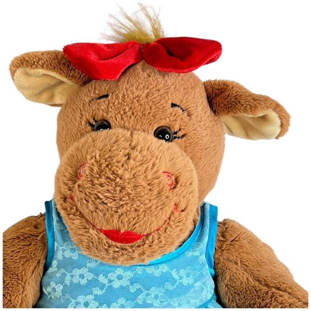 Build a Bear‎ Holly Moose Plush Blue Dress Stuffed Animal Red Bow 16” Brown BABW
